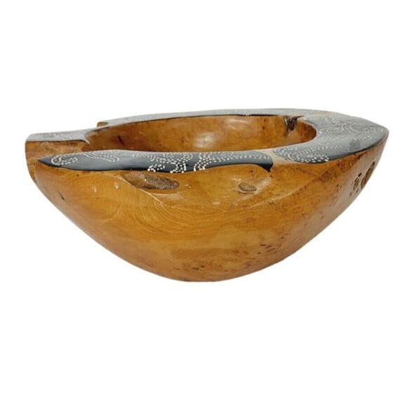 Vintage Natural Polished Teak Root Rustic Bowl Raw Chunky Painted Rim 11.5" - Picture 7 of 14